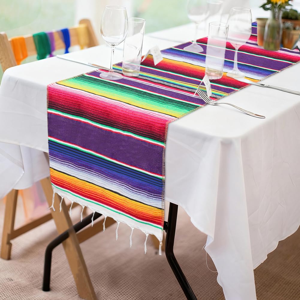 Fowecelt Mexican Serape Table Runner 14 x 84 Inch for Mexican Party Wedding Decorations Outdoor Picnics Dining Table, Fringe Cotton Handwoven Table Runners