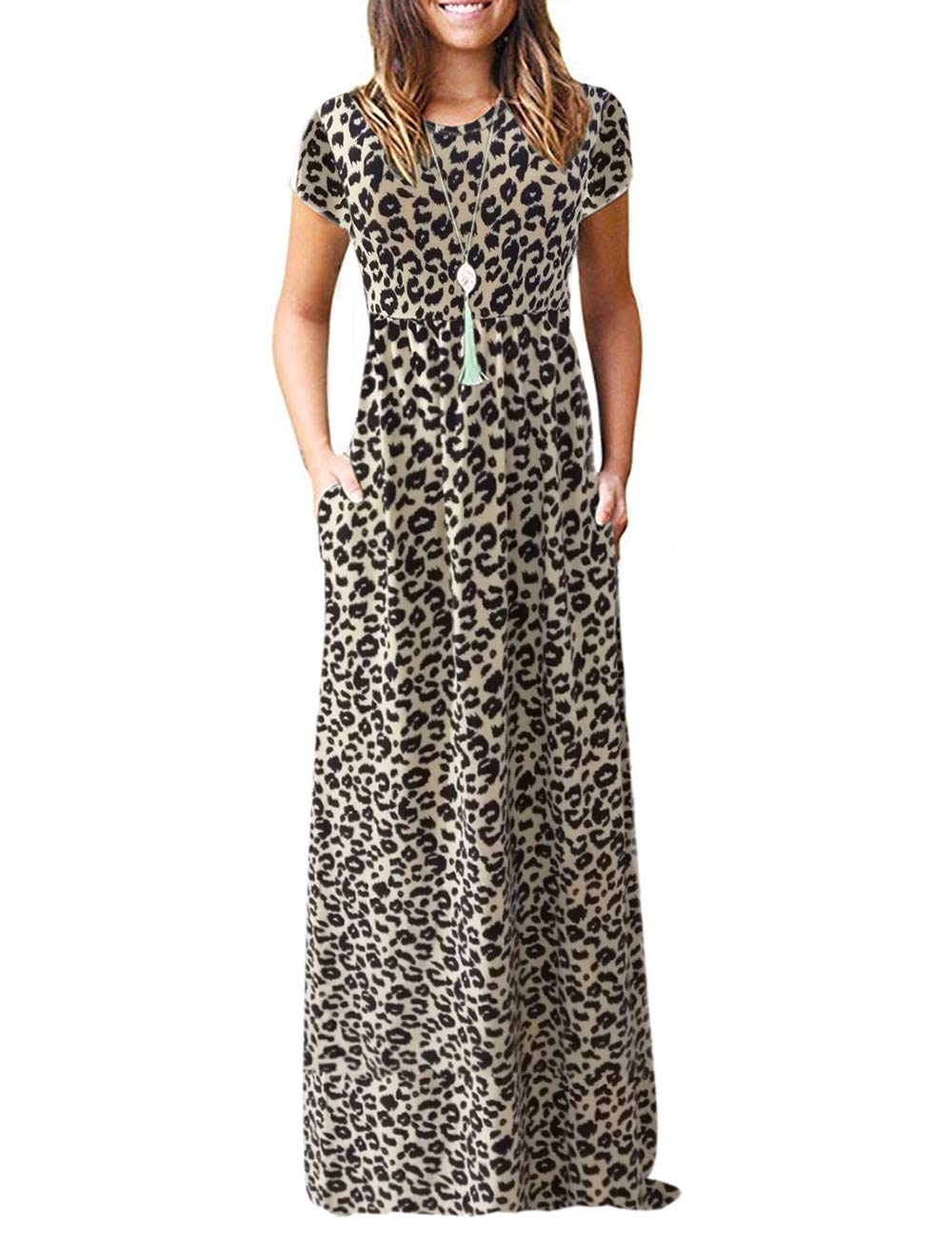 AUSELILY Damen Kurzarm Sommer Casual Long Maxi Kleider mit Taschen