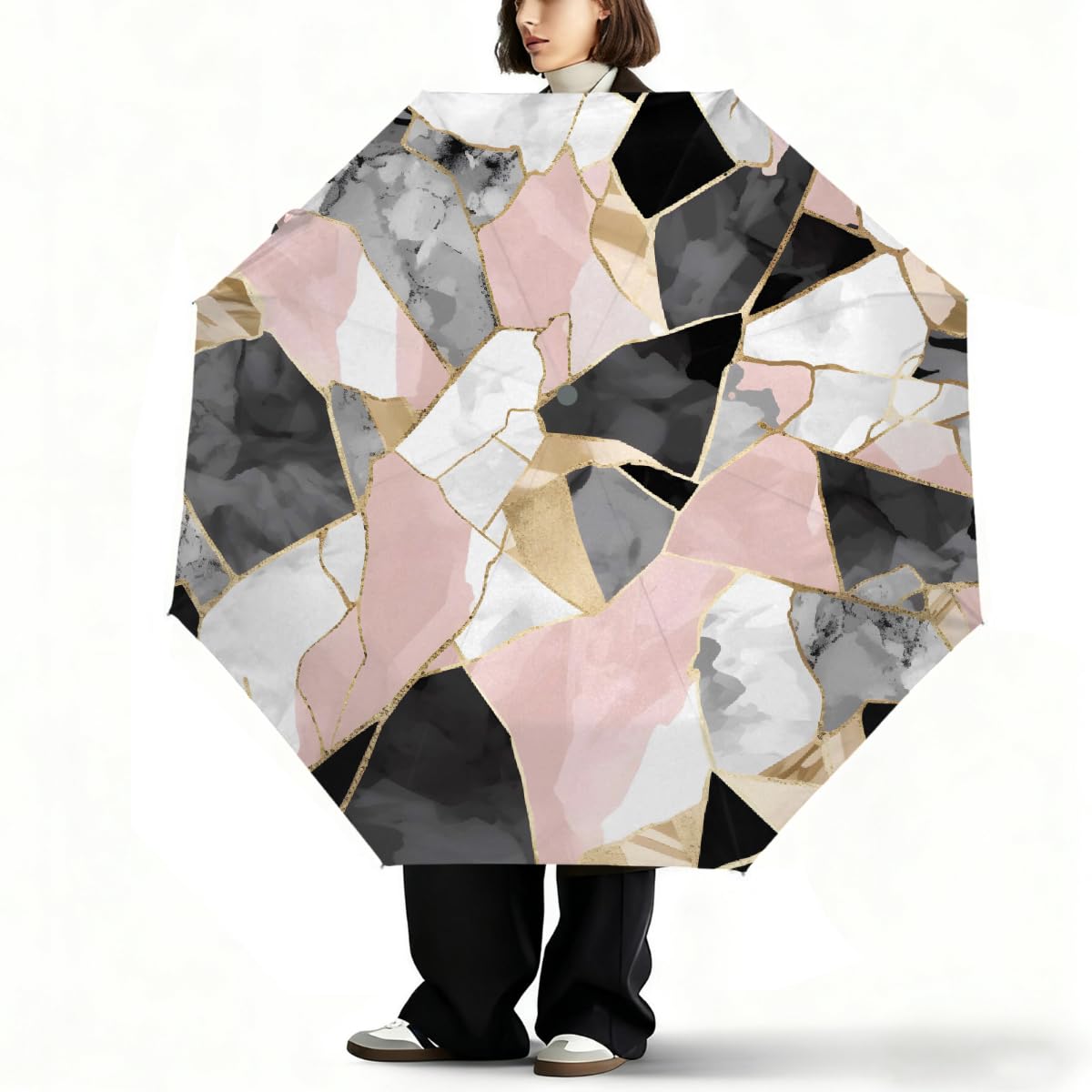 Ombrello pieghevole con motivo geometrico colorato in marmo ombrello da viaggio compatto antivento impermeabile con protezione UV rivestimento nero leggero 8 coste portatile per pioggia sole