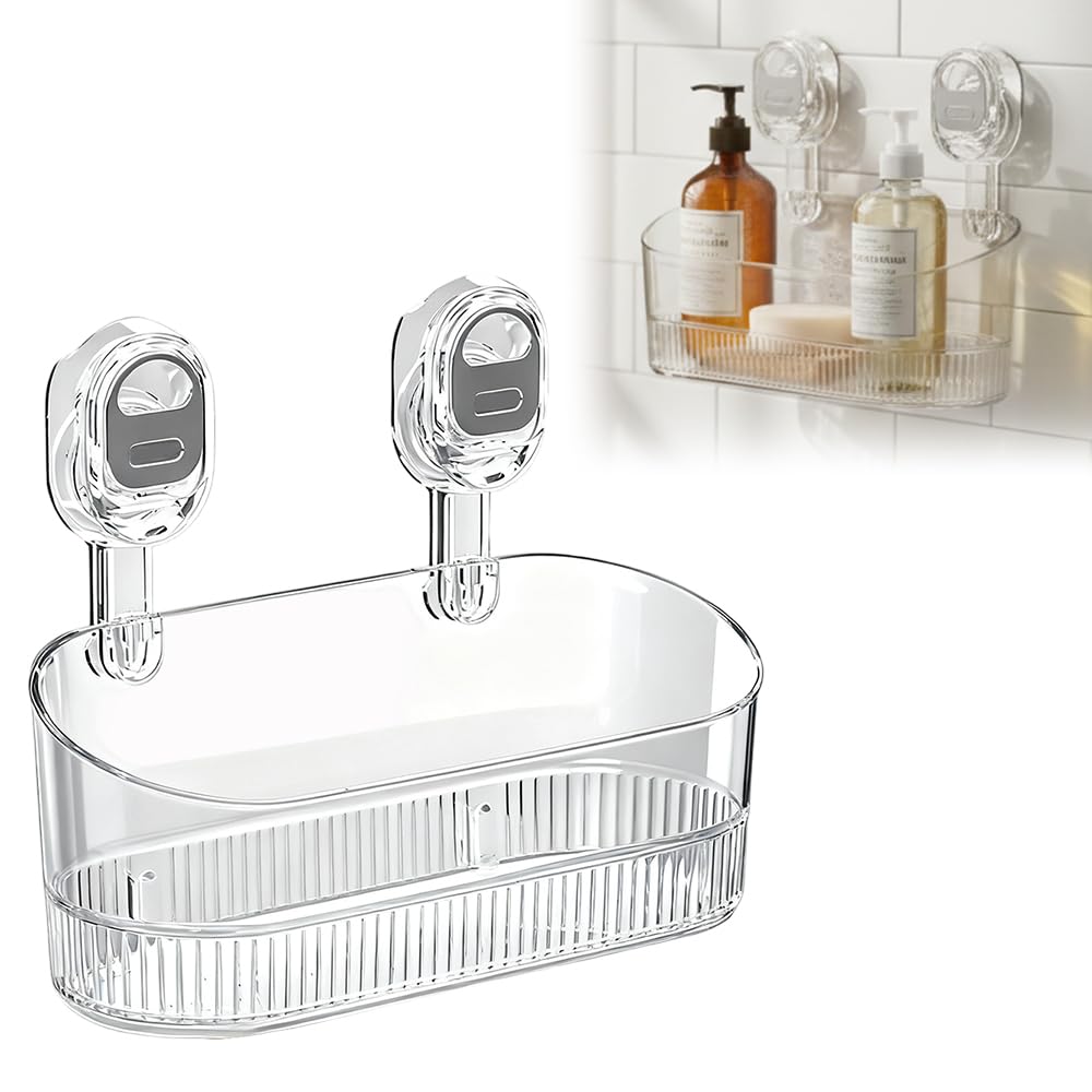 LECDOA No-Drill Powerful Suction Bathroom Storage Box Corrugated Acrylic Shower Caddy with Drain Holes Removable Wall Mount Organizer