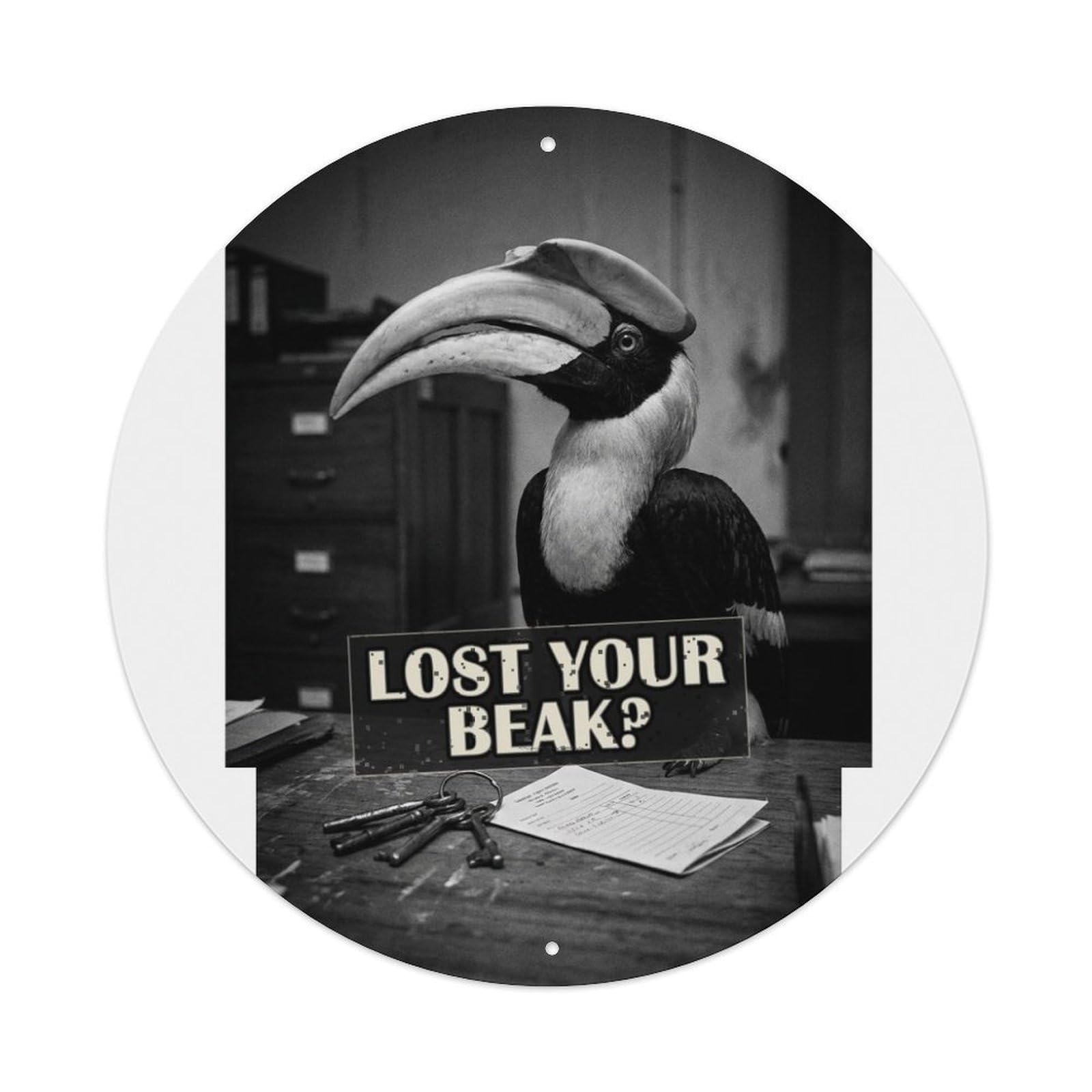 Animal Hornbill Lost Property Desk Absurd Wildlife British Comedy Metal Tin Sign Plaque Wall Decor for Cafe, Man Cave, Club Bar, Office, Home Garden Round Metal Poster 8x8Inch