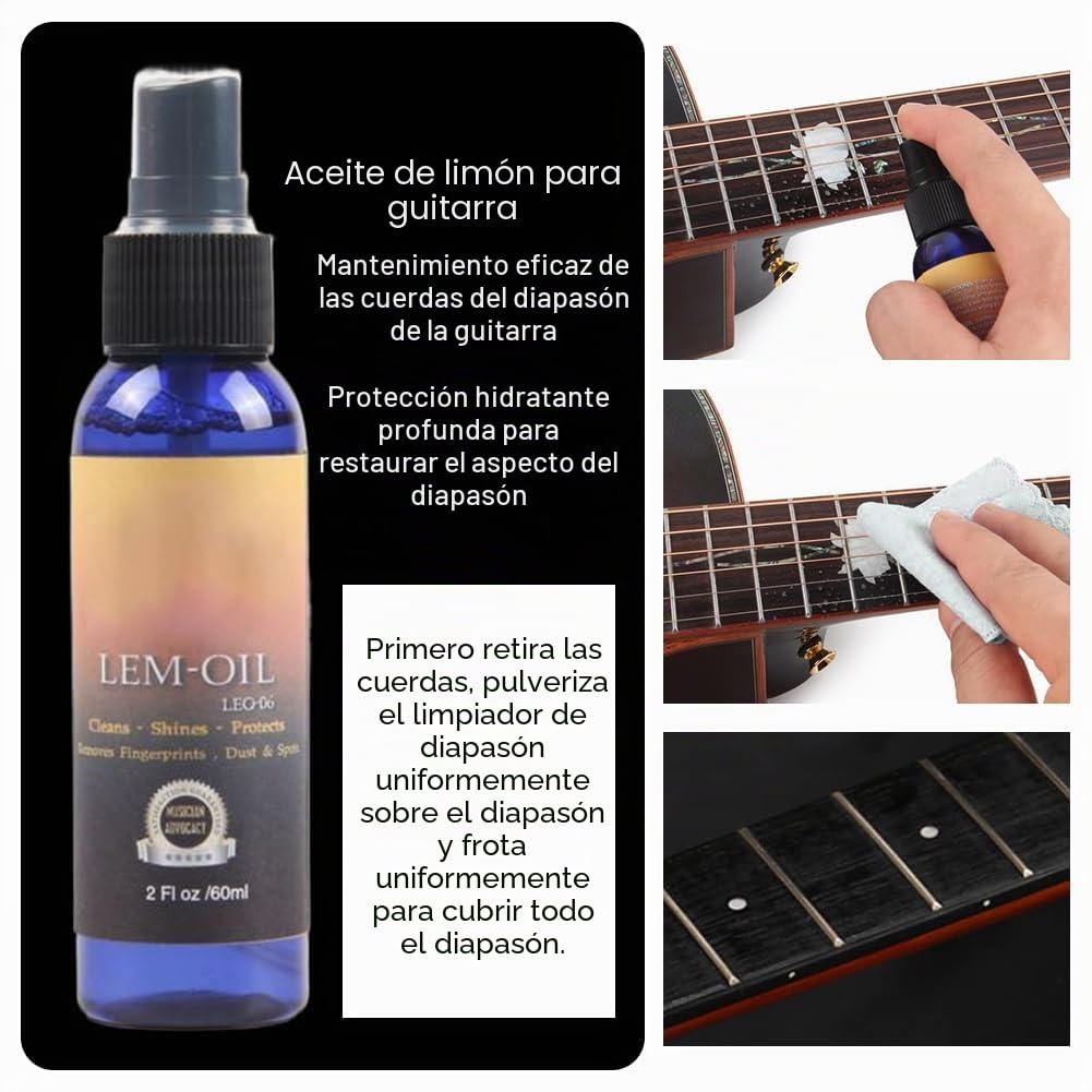 Kit Limpieza para Guitarra,Kit Mantenimiento de Guitarra,60ml Aceite Limpiador de Cuerdas,50ml Aceite Abrillantador,60ml Aceite Limón para Diapasón y Tela Limpieza,Guitar Cleaning Kit