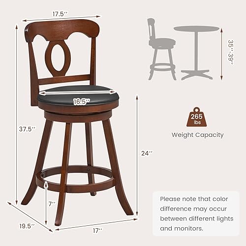 Miniatura 3 de COSTWAY 2 taburetes de bar, sillas giratorias de altura de mostrador de 24 pulgadas con respaldo ergonómico y reposapiés, juego de taburetes de