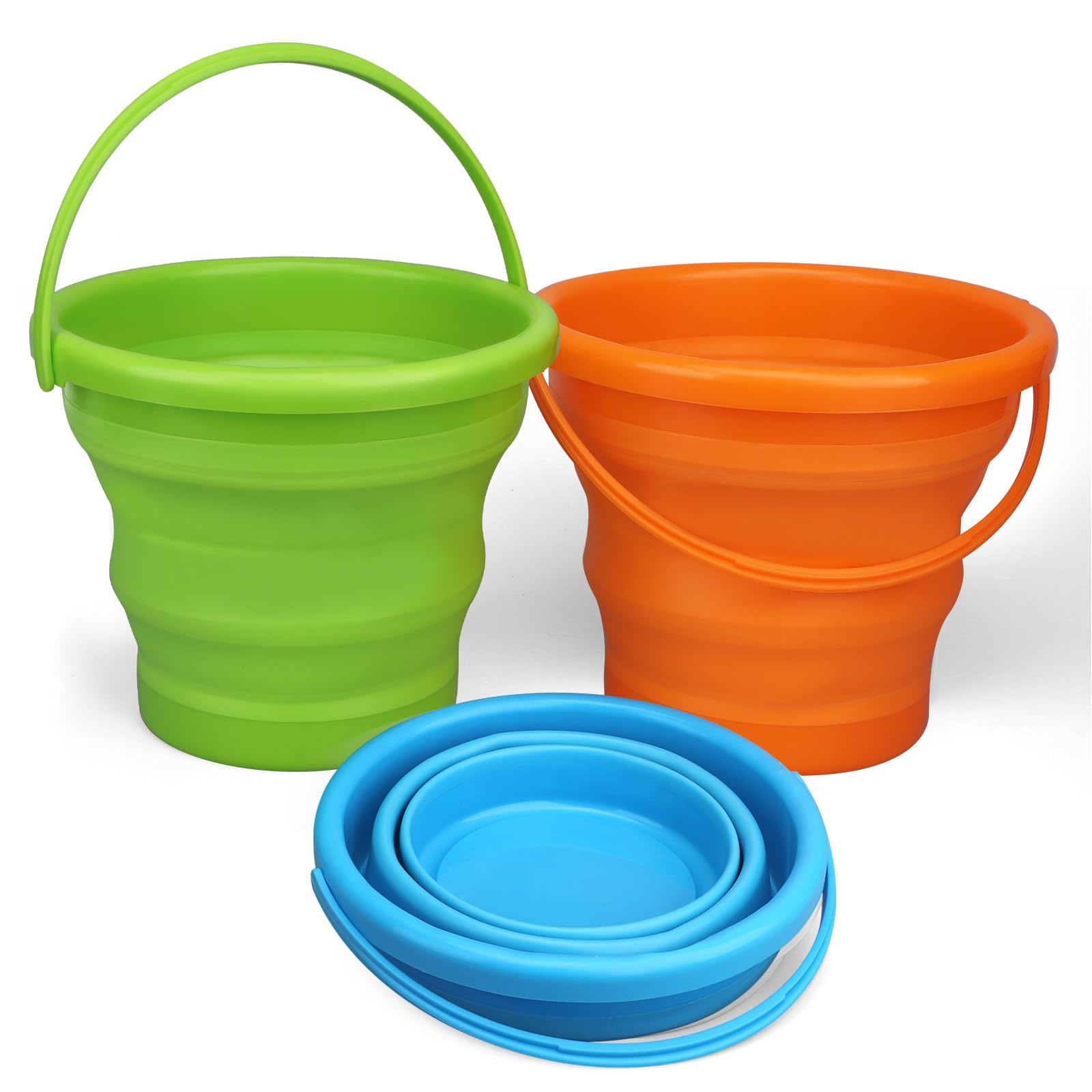 Foldable Beach Sand Toy Bucket for Kids Adults, Jumbo Collapsible Sandbox Toy, Foldable Pail with Mesh Bag, Multi Use for Garden Beach, Camping, Easter Bucket, Fishing, Travelling Accessories 3PCS