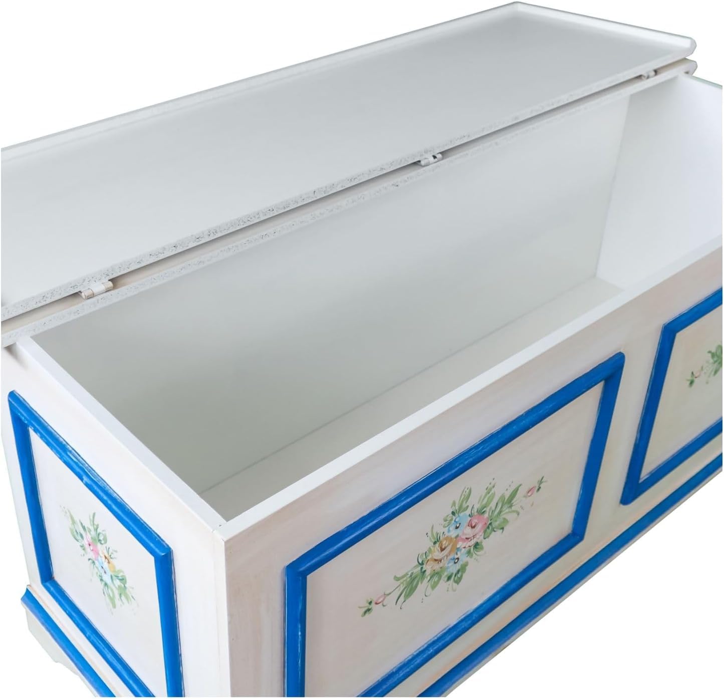 Vicentini arreda CASSAPANCA IN LEGNO SHABBY CHIC MOD CIPOLLA BIANCO ANTICATO DECORATO FILO BLU (L 100 P 42 H 50)