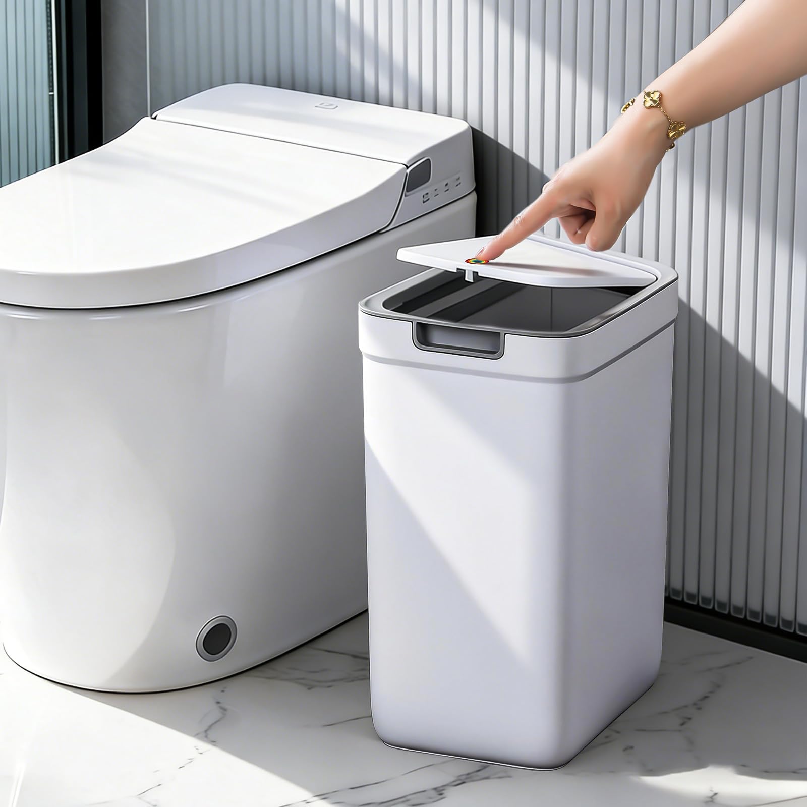 MOPUP Kleiner Badezimmer-Mülleimer mit Deckel, 9 l/2,4 Gallonen, schmaler Mülleimer, Papierkorb aus Kunststoff mit aufklappbarem Deckel, hundesicher für Badezimmer, Küche, Schlafzimmer, Wohnzimmer