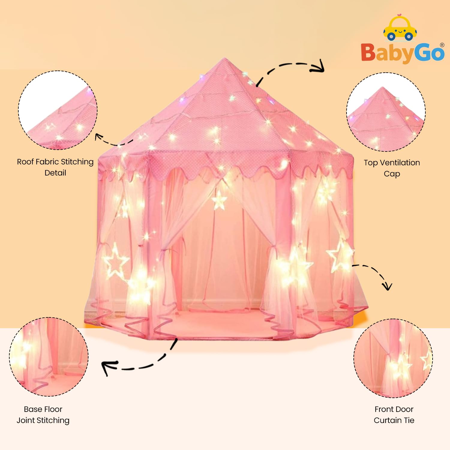 BabyGo Giraffe Rocker & Princess Castle Tent Combo | Plush Ride-On Rocking Horse (Yellow) | Play Tent House with Mosquito Net & Lights (Pink) | Fun Indoor Outdoor Play Set for Toddlers, Boys & Girls 2