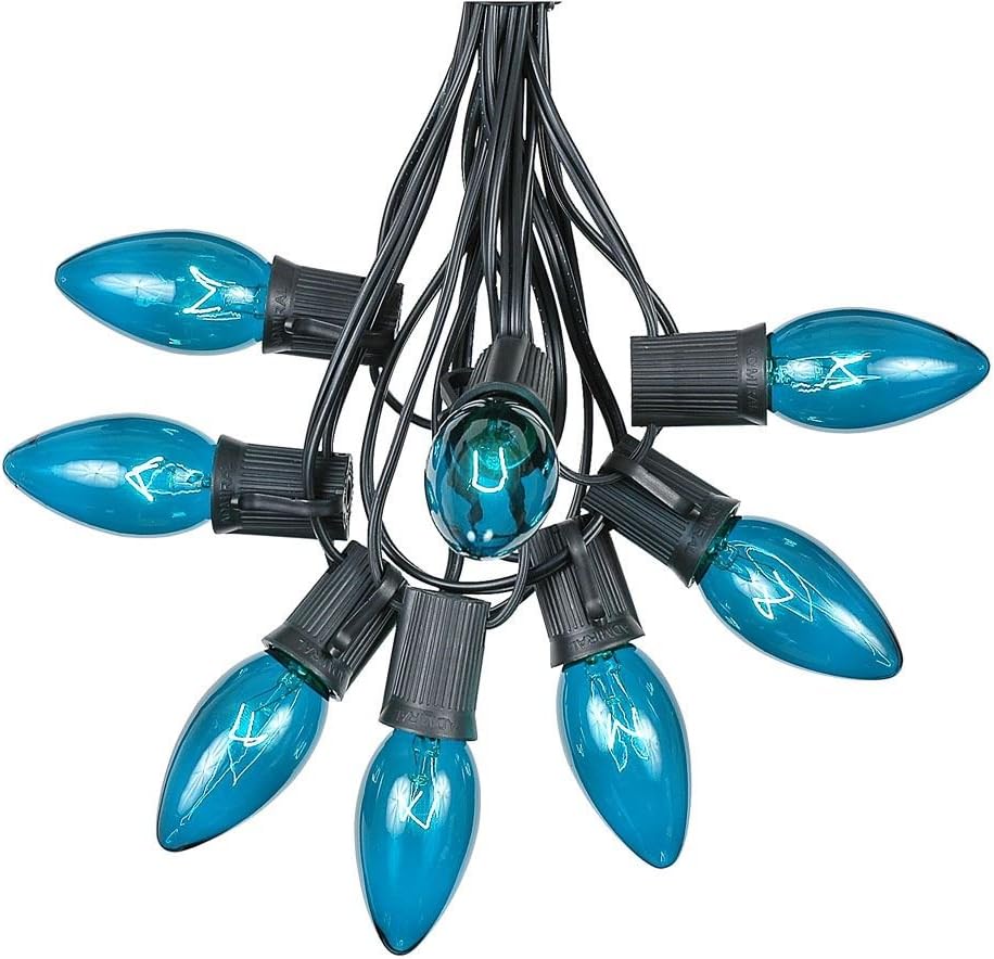 Novelty Lights C9 Teal Christmas String Light Set - Outdoor Christmas Light String - Hanging Christmas Lights - Roofline Light String - Outdoor Patio String Lights - Black Wire - 100 Foot