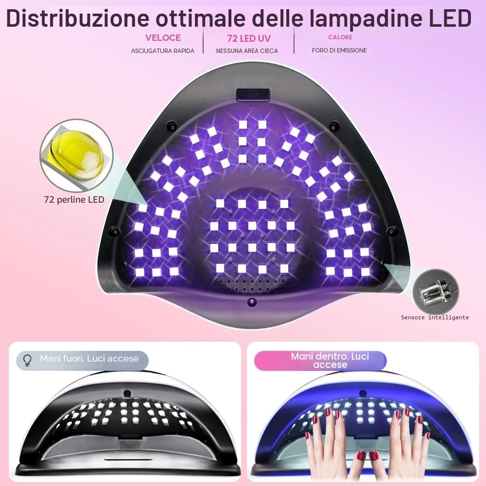 Lampada per unghie a LED UV da 320 W, gel per unghie con 72 perle di lampada, touch screen, 4 timer e sensore automatico, ideale per salone di bellezza, asciugacapelli per unghie