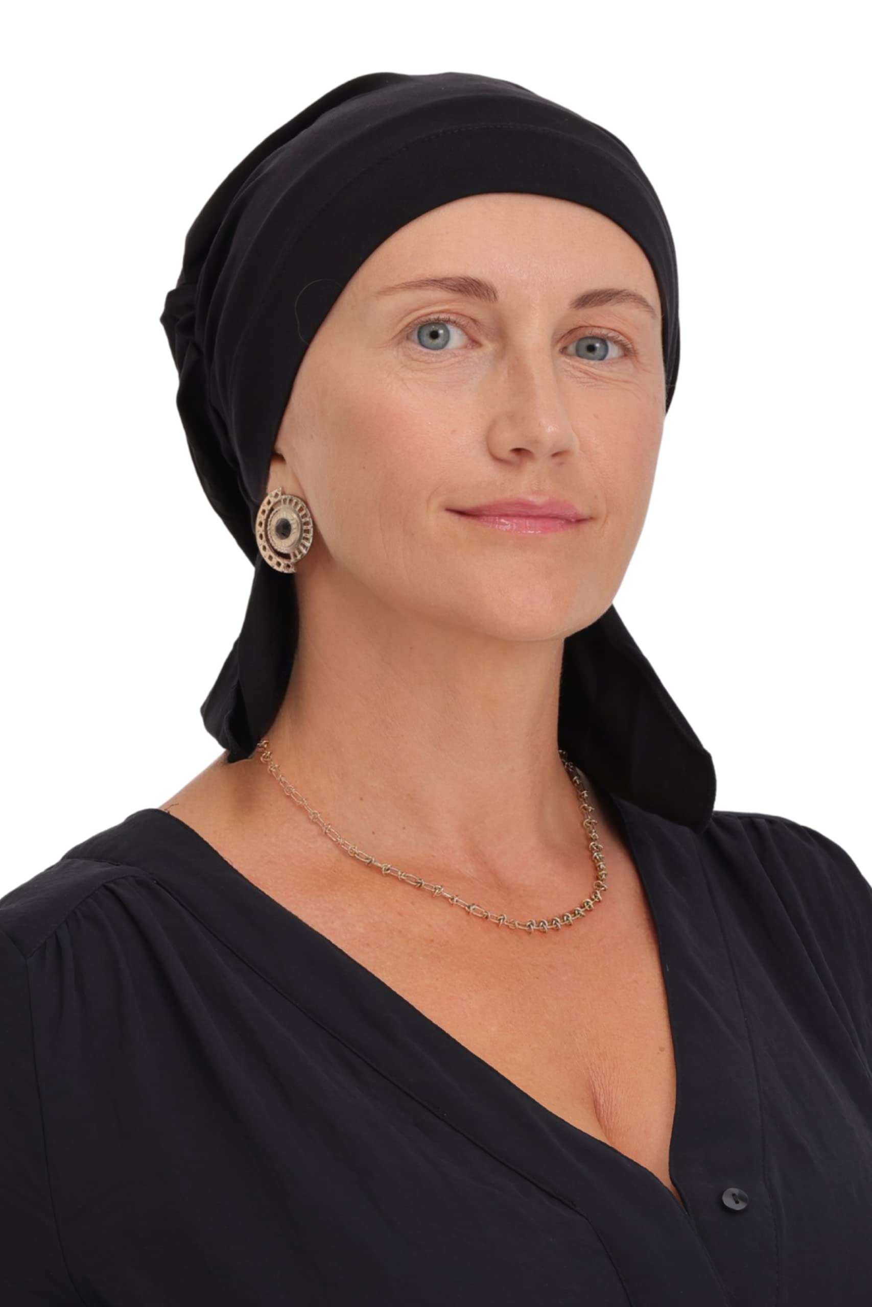 Deresina Headwear Women's Black Deresina Gathered Cap With Pelerine At The Back For Hair Loss, Chemo Cap, (Black)