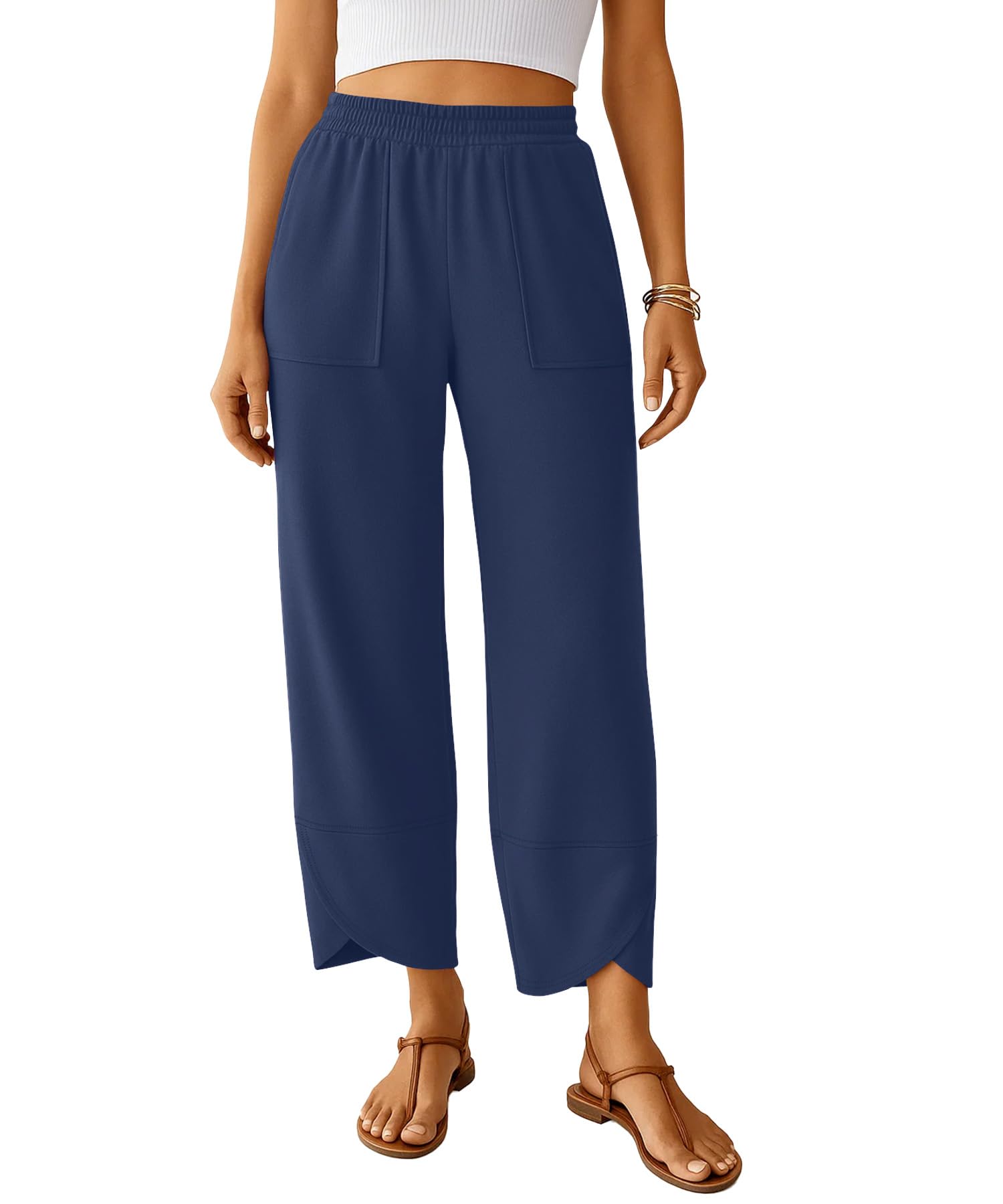 NILOUFO Womens Baggy Wide Leg Pants Casual Elastic High Waisted Palazzo Harem Trousers with Pockets Lounge Loose Comfy