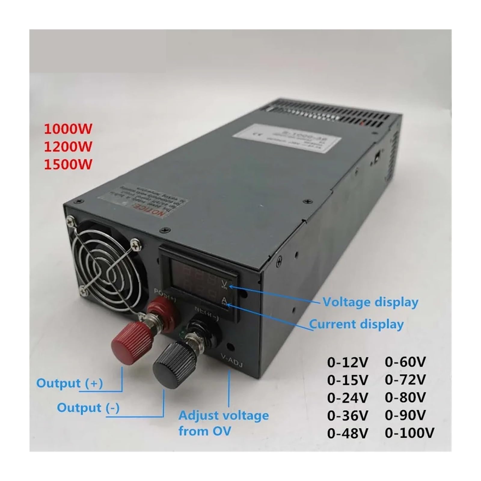 Industrie-Netzteil 0–12 V, 15, 24, 36, 48, 60, 72, 80, 90, 100, AC/DC mit LED-Anzeige, 1000 W, 1200, 1500(380V-0-12V)