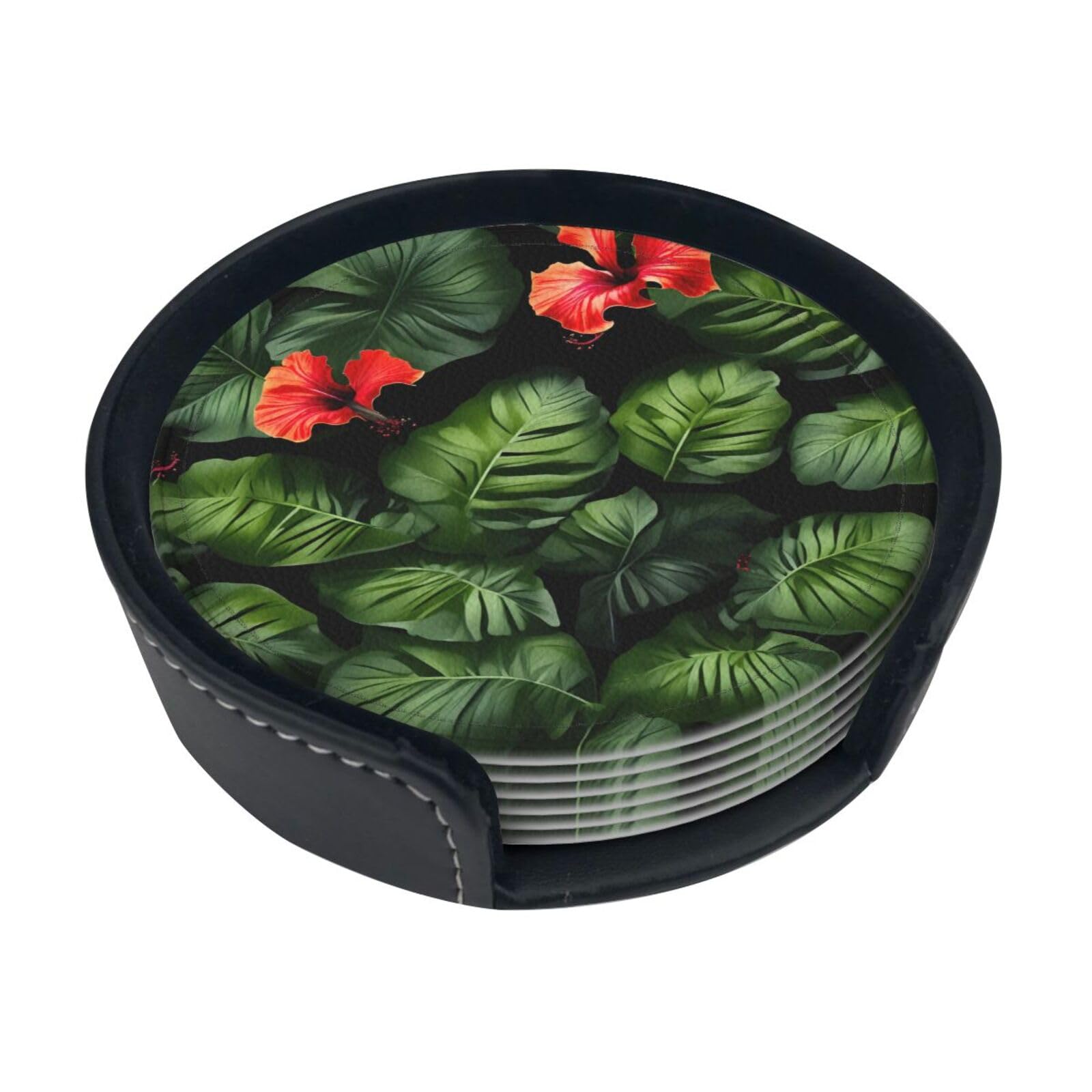 Tropical Flowers And Foliage Print Round Coasters Set Of 6,Coaster For Tabletop Protection Home Bar Decor