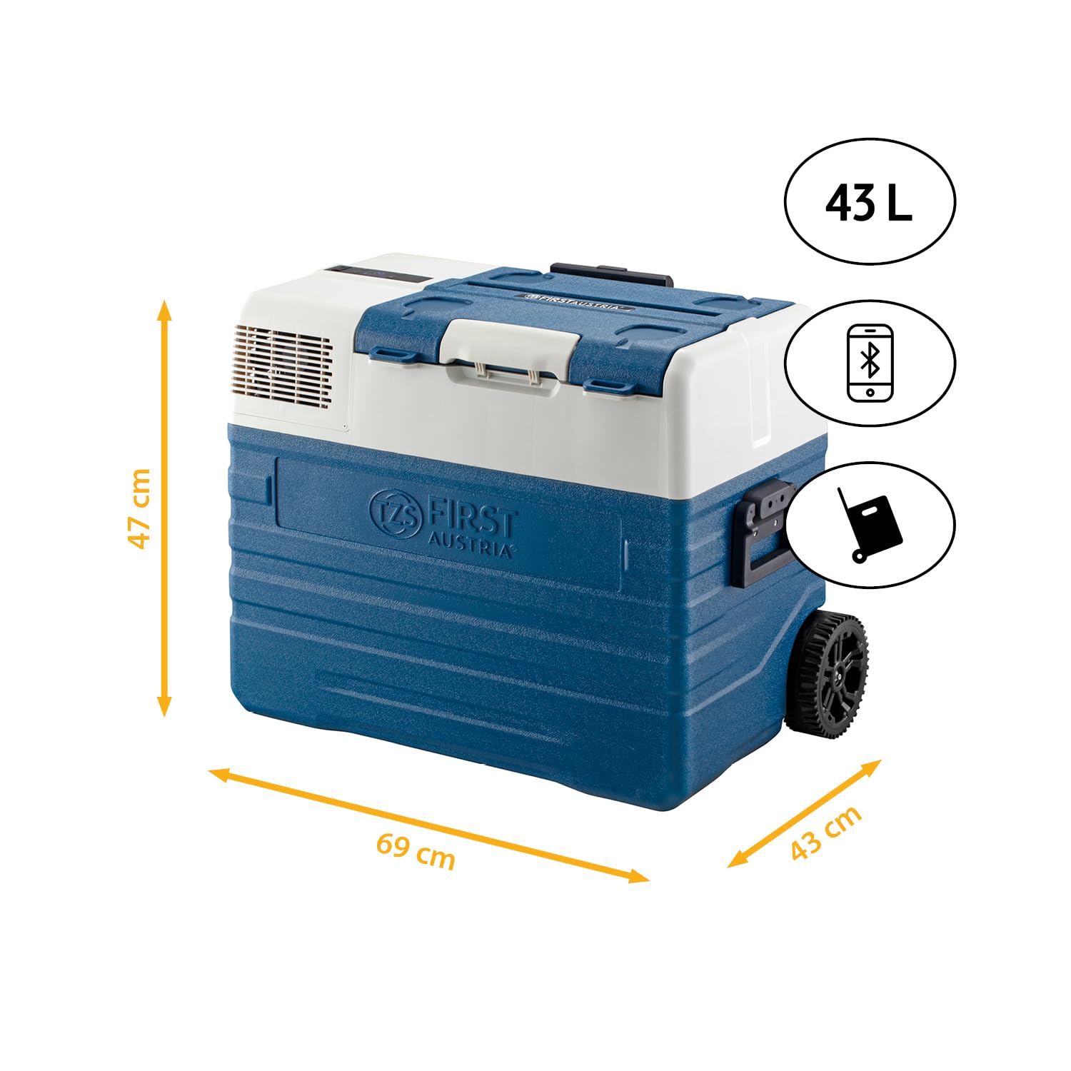 TZS First Austria - Kompressor-Kühlbox 43L - bis -20°C - Bluetooth-App - 45 dB(A) - AC 100-240V DC 12V 24V - Campingkühlbox - Blau-Grau