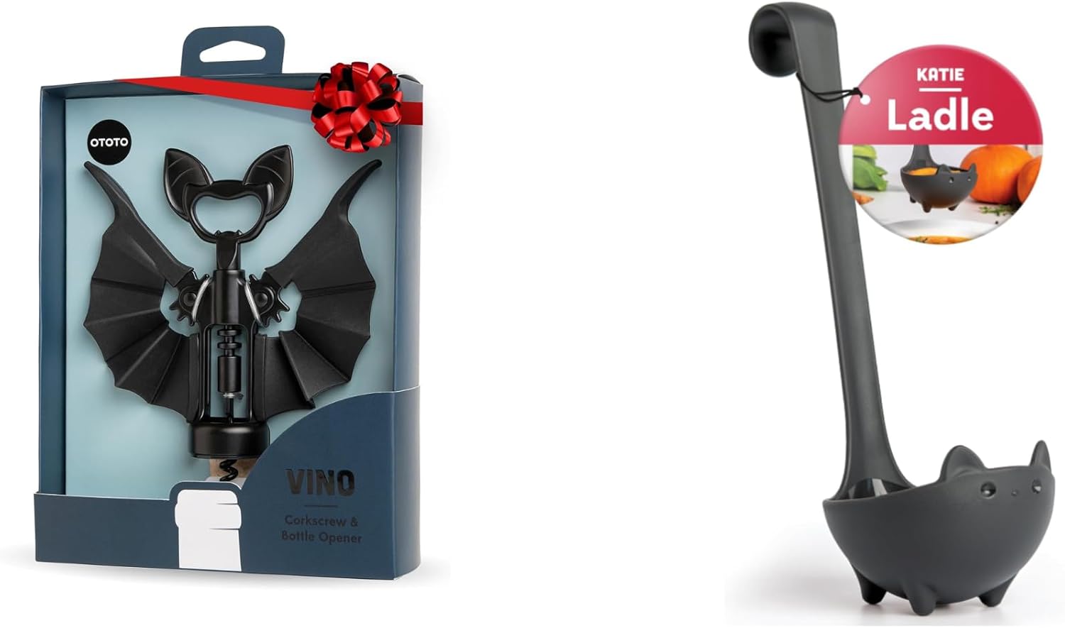 OTOTO Vino Spooky Bat 2-in-1 Wine & Beer Opener & New Katie Cat Soup Ladle - Black Cat (Bundle of 2)