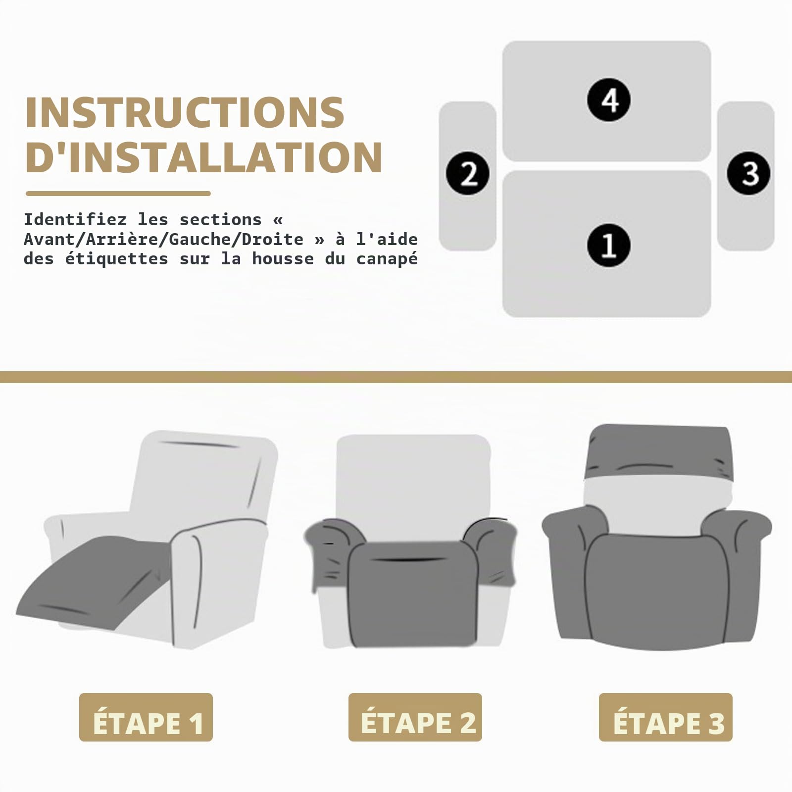 Lot de 4 Housses de Fauteuil Relax en Velours Extensible - Protection Complète avec Poches pour Télécommande, Livres - pour Fauteuil de Relaxation, Canapé et Fauteuil TV