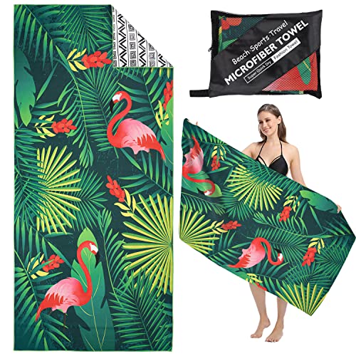 MEQUER Microfibre Beach Towel,71"x32" Large Beach Towels For Adults,Lightweight Quick Dry Sand Free Compact Beach towel Swimming Towel for Travel, Beach, Pool, Camping (Flamingo Green)