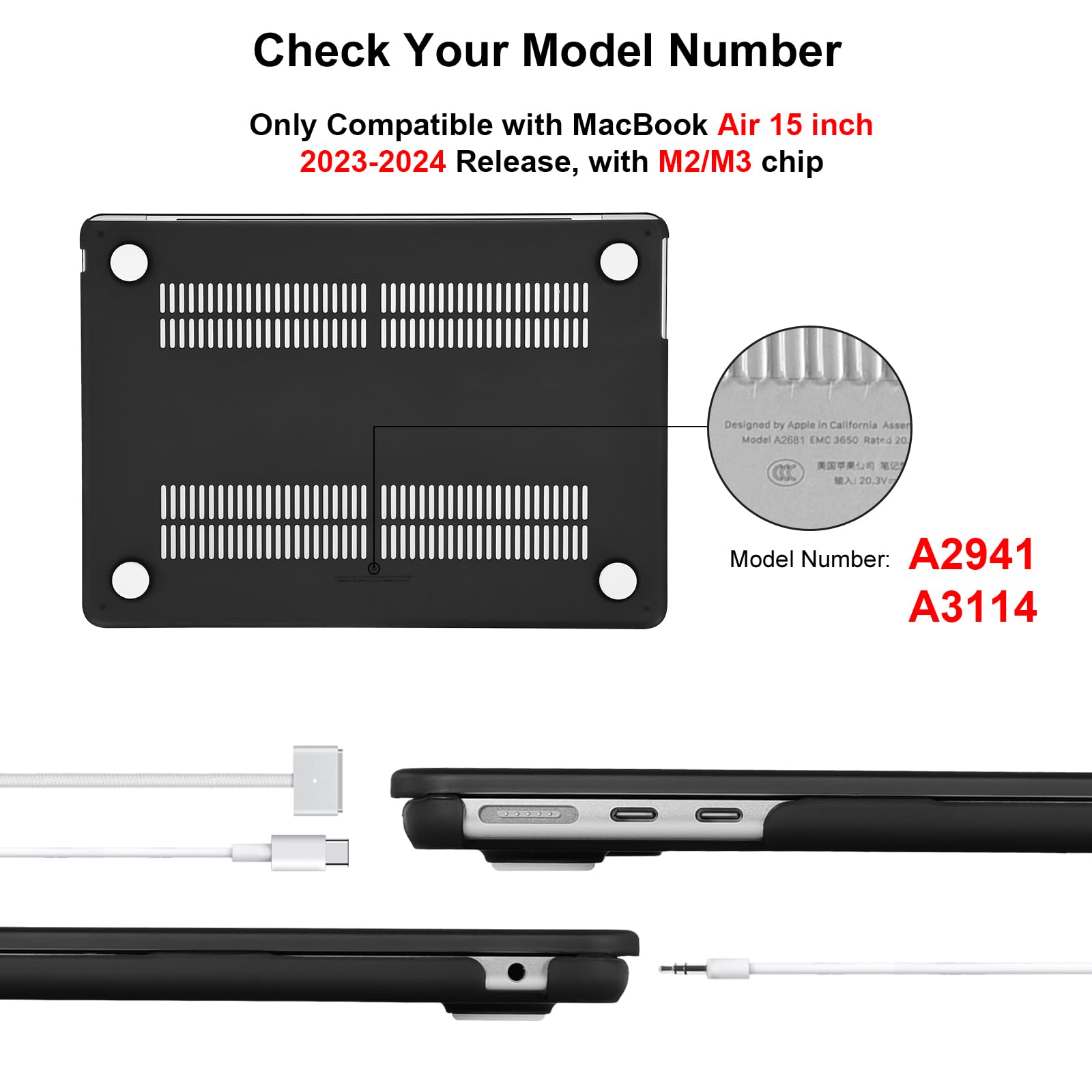 EooCoo Custodia Compatibile con 2025 2024 2023 MacBook Air 15 Pollici M4 M3 M2 A3241 A3114 A2941, Copertina Rigido per Protettivo Cover MacBook Air 15 con 15,3" Retina Display- Nero Opaco Trasparente