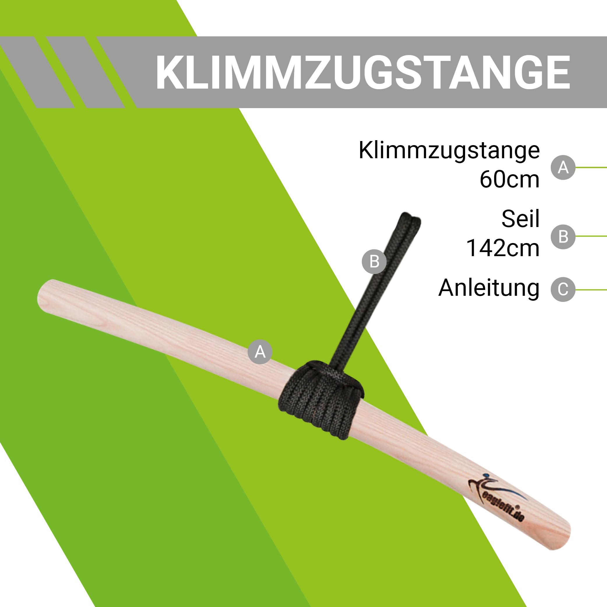 eaglefit - Premium Klimmzugstange aus Holz 60 cm - Ergonomisch gebogene Pull Up Bar für Decke, Balken, Garten, Baum - Reckstange Outdoor & Indoor für Klimmzüge, Verstellbar zum Aufhängen inkl. Zubehör