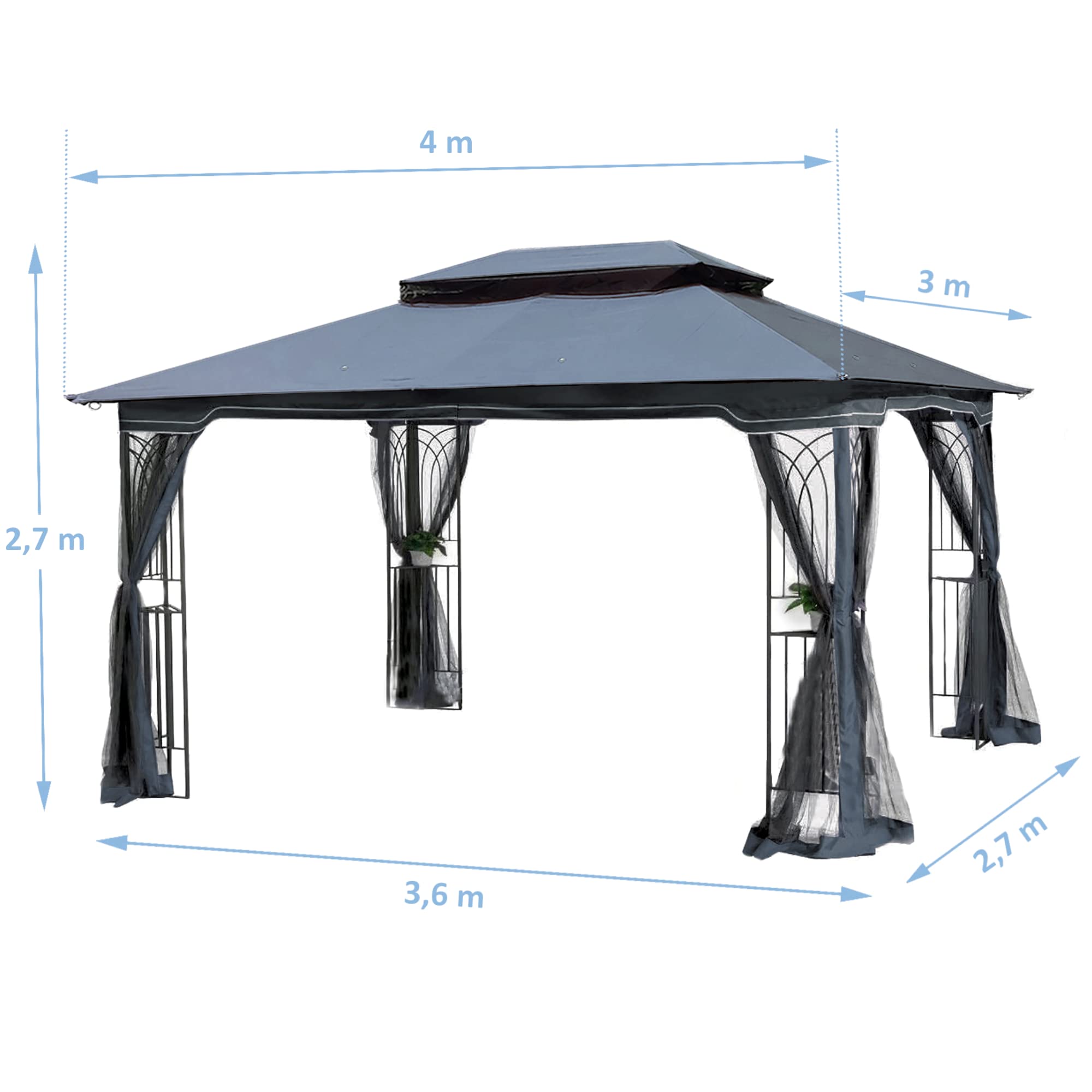 Pawilon ogrodowy 4 x 3 mm, wodoszczelny, odporny na warunki atmosferyczne metal i w 100% materiał hydrofobowy, podwójny dach dla lepszego dopływu powietrza, z siatką przeciw owadom, z pierścieniami do roślin (szary)