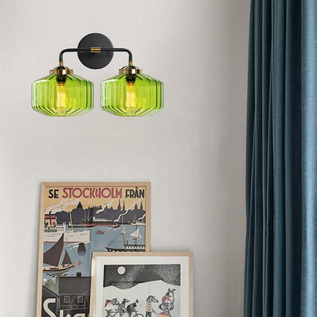 Glass Bathroom Wall Light Sconce Green Striped Glass Vanity Light Fixture Black Gold Mid Century Modern Wall Sconce Hradwired Vintage Vanity Lamp for Over Mirror Bedroom Overhead