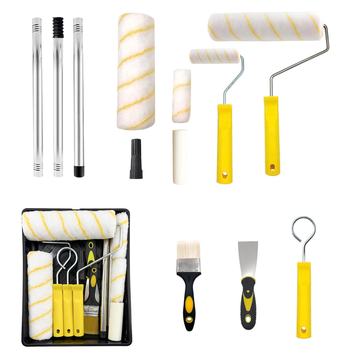 ACEBON Kit de rodillos de pintura profesional de 11 piezas, rodillos de 9 y 4 pulgadas con poste de extensión y bandeja, resistente para paredes, techo, puertas, molduras, cobertura rápida y uniforme