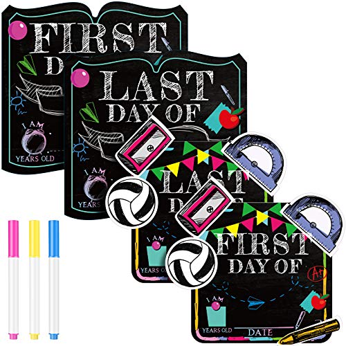 First Day School Sign, 4 Pieces Unique Back to School Sign with 3 Erasable Chalk Pens Reusable First Day Last Day School Sign Photo Booth Props Chalkboard Style