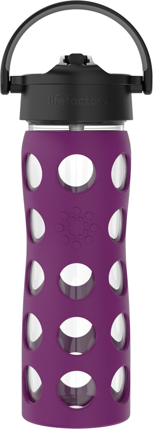 Lifefactory 16-Ounce Glass Water Bottle with Pivot Straw Cap and Protective Silicone Sleeve, Plum