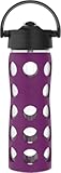 Lifefactory 16-Ounce Glass Water Bottle with Pivot Straw Cap and Protective Silicone Sleeve, Plum