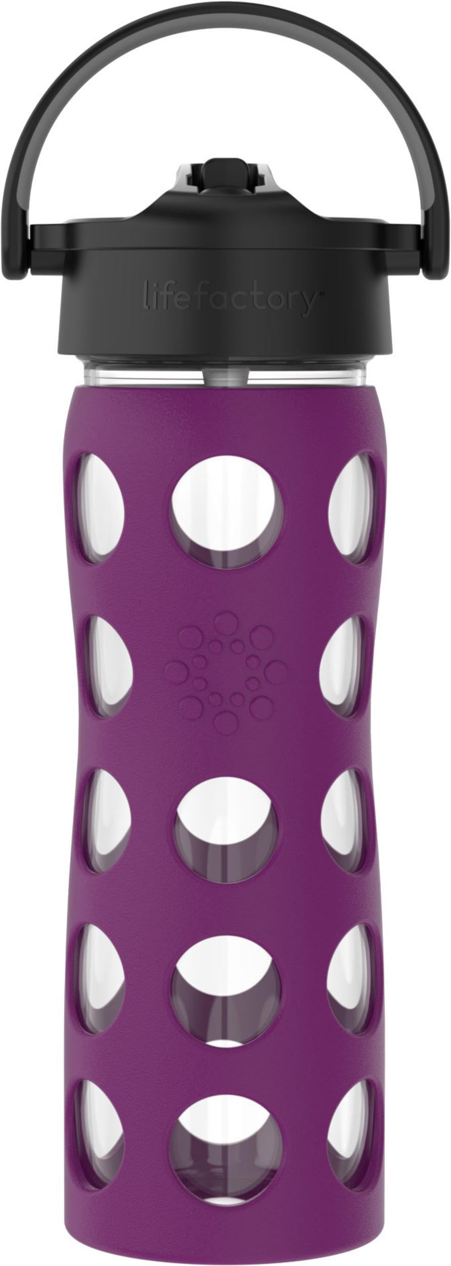 16-Ounce Glass Water Bottle with Pivot Straw Cap and Protective Silicone Sleeve, Plum