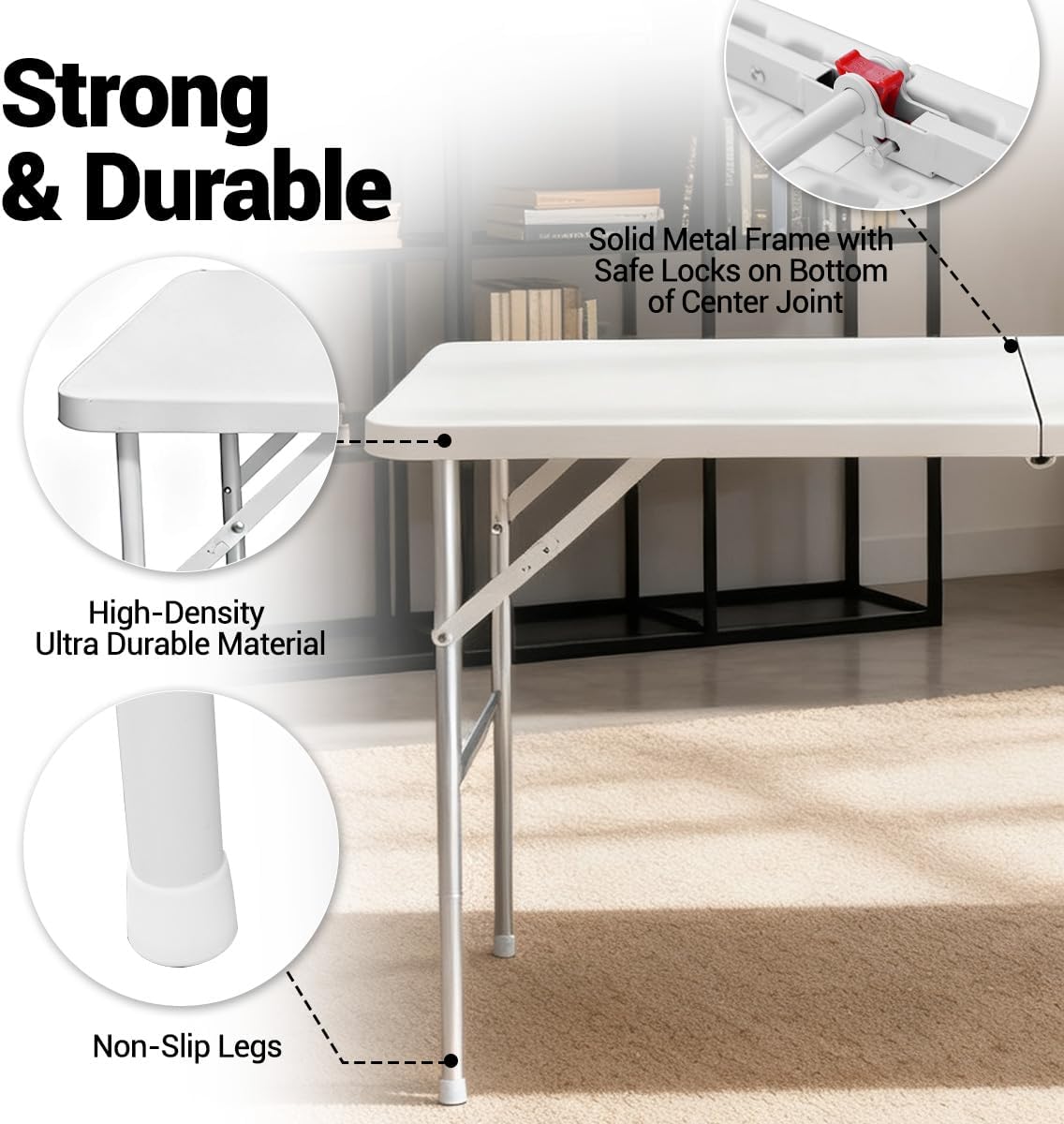 4FT Plastic Folding Table Portable Long Table Rectangular with Carrying Handle Dining Indoor Outdoor for Camping, Picnic and Party，White