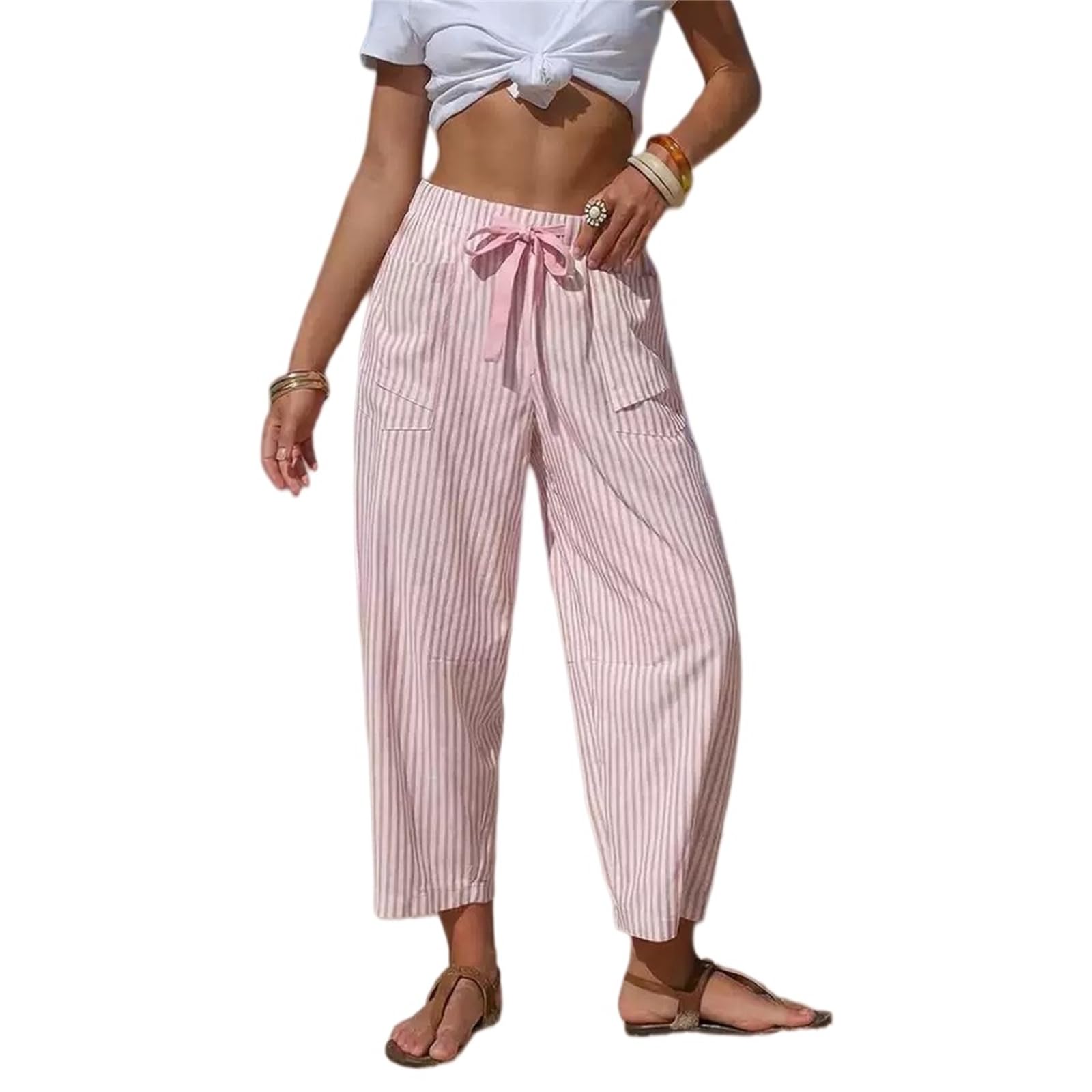 Pantaloni a barilotto da Donna a Righe in Simil Lino, Comodi e Estivi, con Coulisse e Tasche, Perfetti per la Spiaggia, Le Vacanze e Il Relax