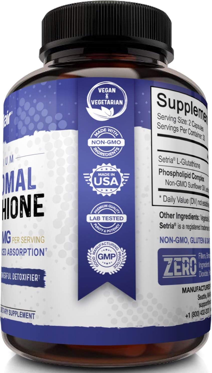 NutriFlair Liposomal Glutathione Setria® 700mg - Pure Reduced, Stable, Active Form L Glutathione reductase (GSH), Enhanced Absorption - Non GMO Antioxidant, Detox, Cardiovascular, Brain, Immune Health : Health & Household
