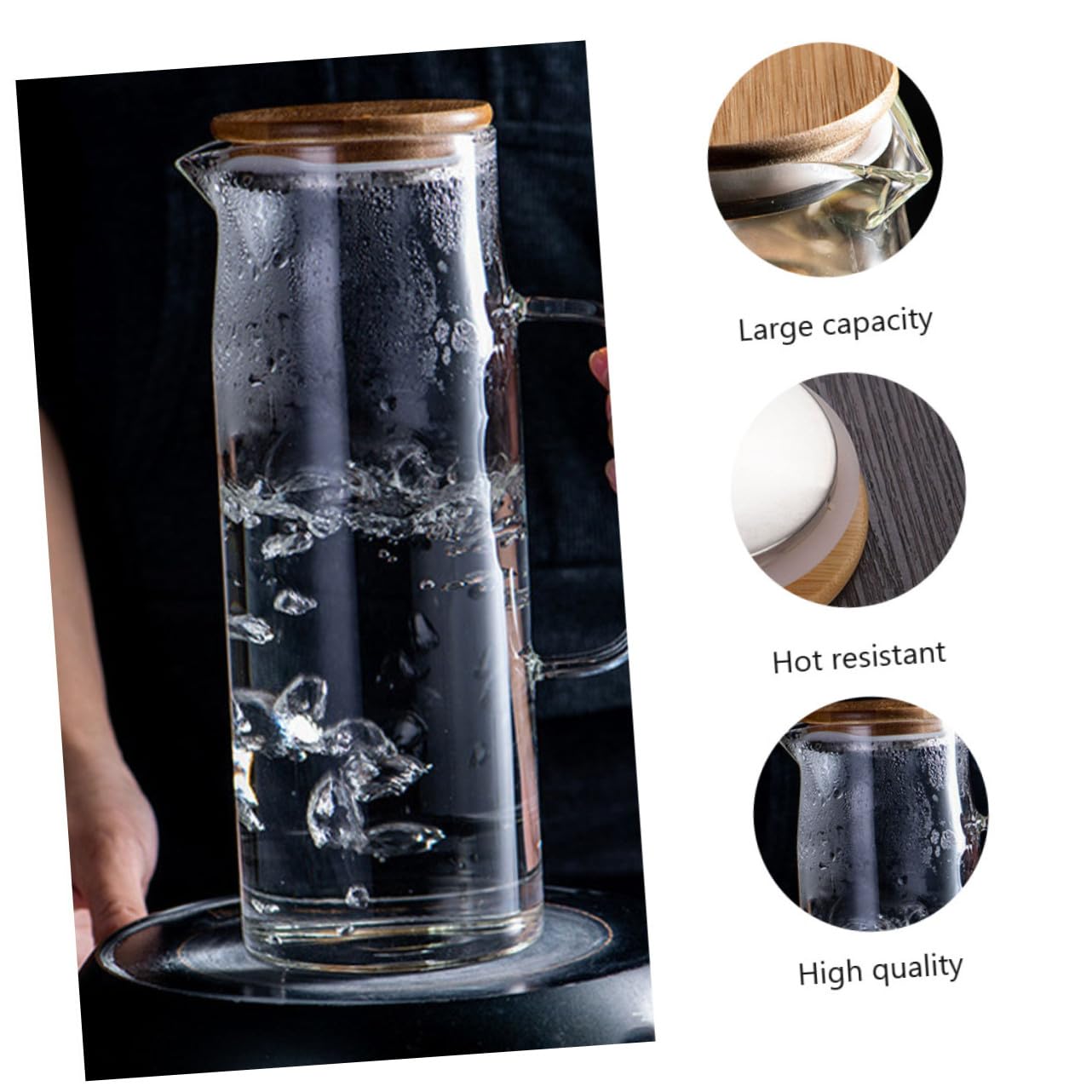 Jarra de Agua Fría de Vidrio de Borosilicato 1, 2 L Resistente al Calor | Gran Capacidad, Vidrio Grueso Antiexplosión, Tapa de Bambú, Apta para Bebidas Frías y Calientes