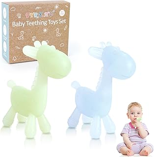 TYRY.HU Beißring Baby Silikon Beißspielzeug kühlend Zahnungshilfe Giraffe Kauspielzeug Greifling Sensory Kühlender Hirsch Kinder Relief Beißring 3 6 12 Monate Geschenke für Jungen und Mädchen 2 Stück