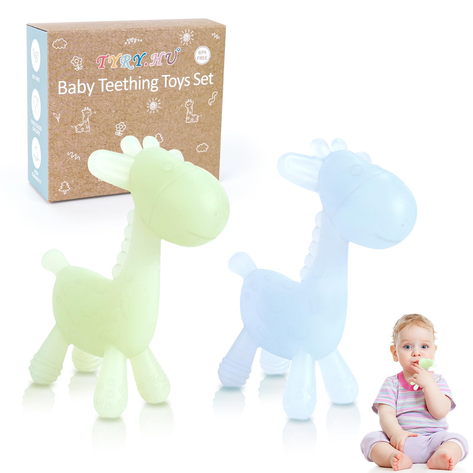 TYRY.HU Beißring Baby Silikon Beißspielzeug kühlend Zahnungshilfe Giraffe Kauspielzeug Greifling Sensory Kühlender Hirsch Kinder Relief Beißring 3 6 12 Monate Geschenke für Jungen und Mädchen 2 Stück