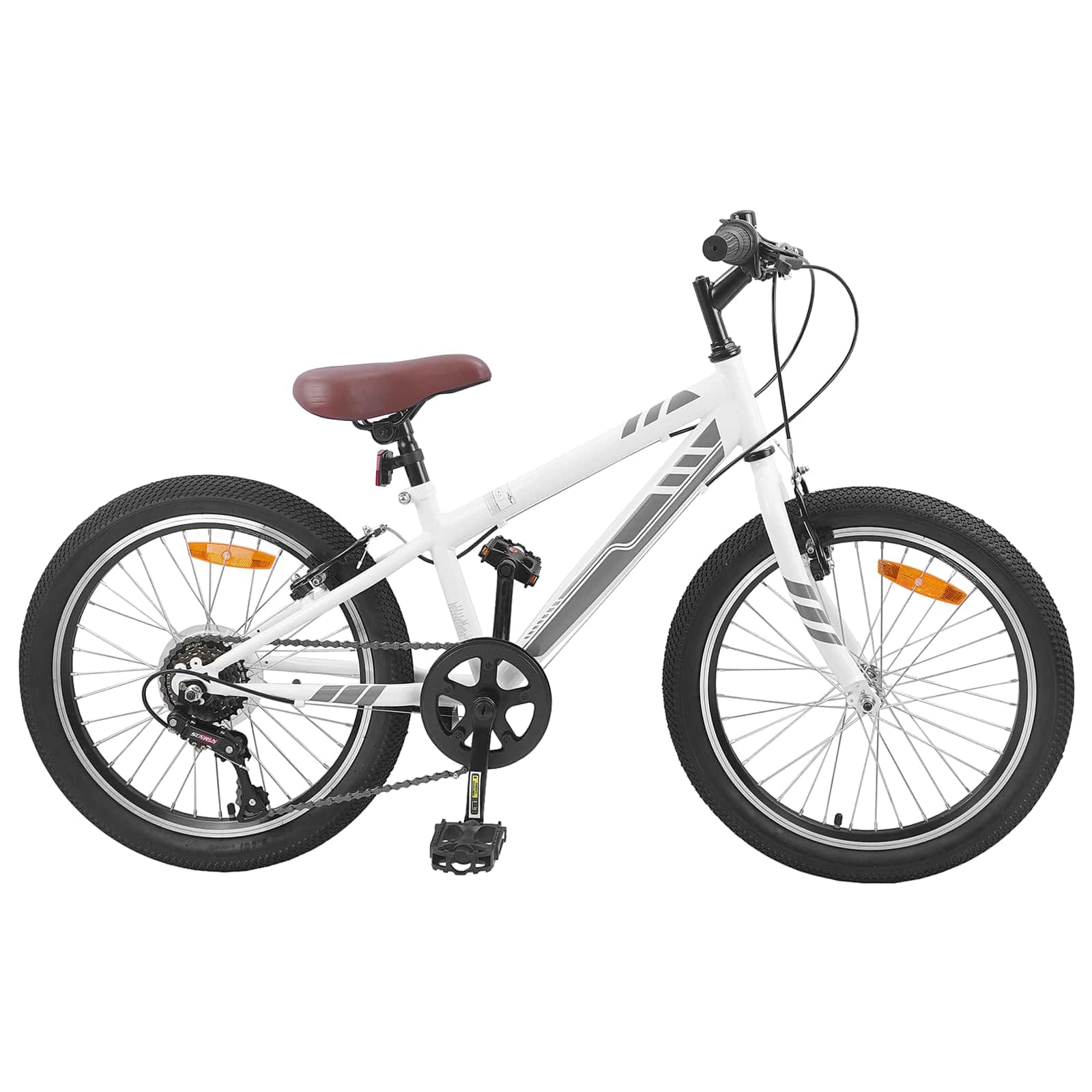 Bicicleta de montaña de 24 pulgadas, color blanco, para 8 – 12 años, con cambio de 6 velocidades, manillar y asiento ajustables, marco de acero para terreno, viajeros y ocio, incluye timbre