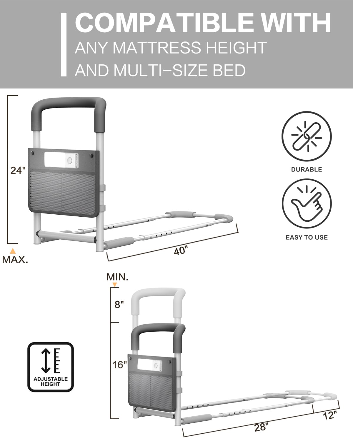 Agrish Bed Rails for Elderly Adults - with Motion Light & Storage Pocket, Bedside Assist Bar for Seniors & Surgery Patients - Medical Bed Handles w/Extendable Height & Lenth Fit Any Bed