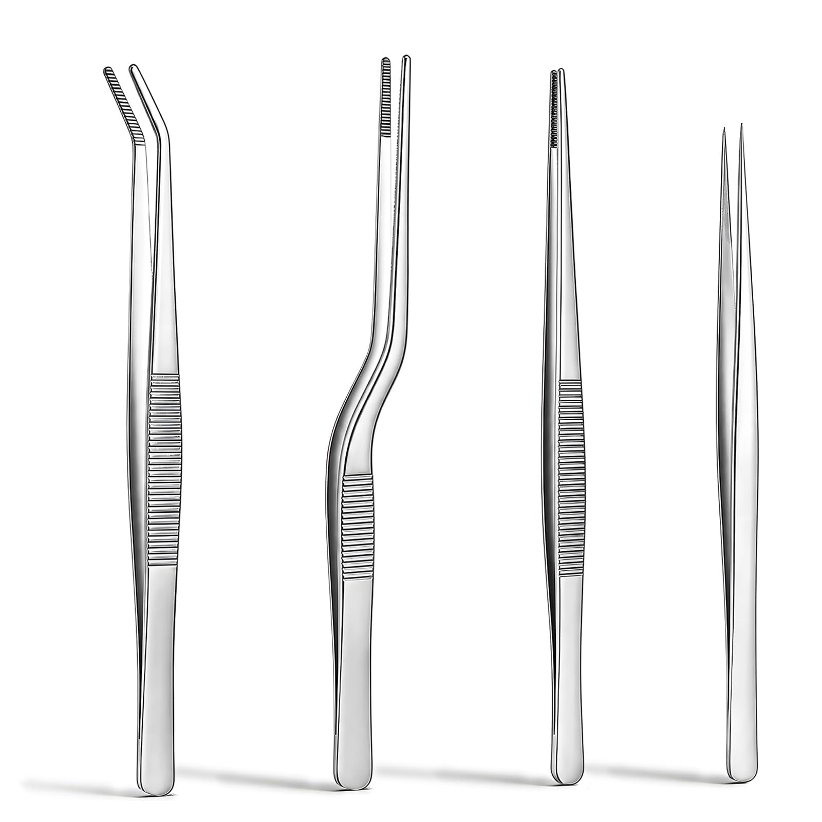 4pcs Garden Tweezers Set, Stainless Steel Precision Plant Tongs with Different Tips Long Reach Tools for Succulent Bonsai Cactus Aquarium Reptile Feeding Kitchen Cooking & DIY Craft Use