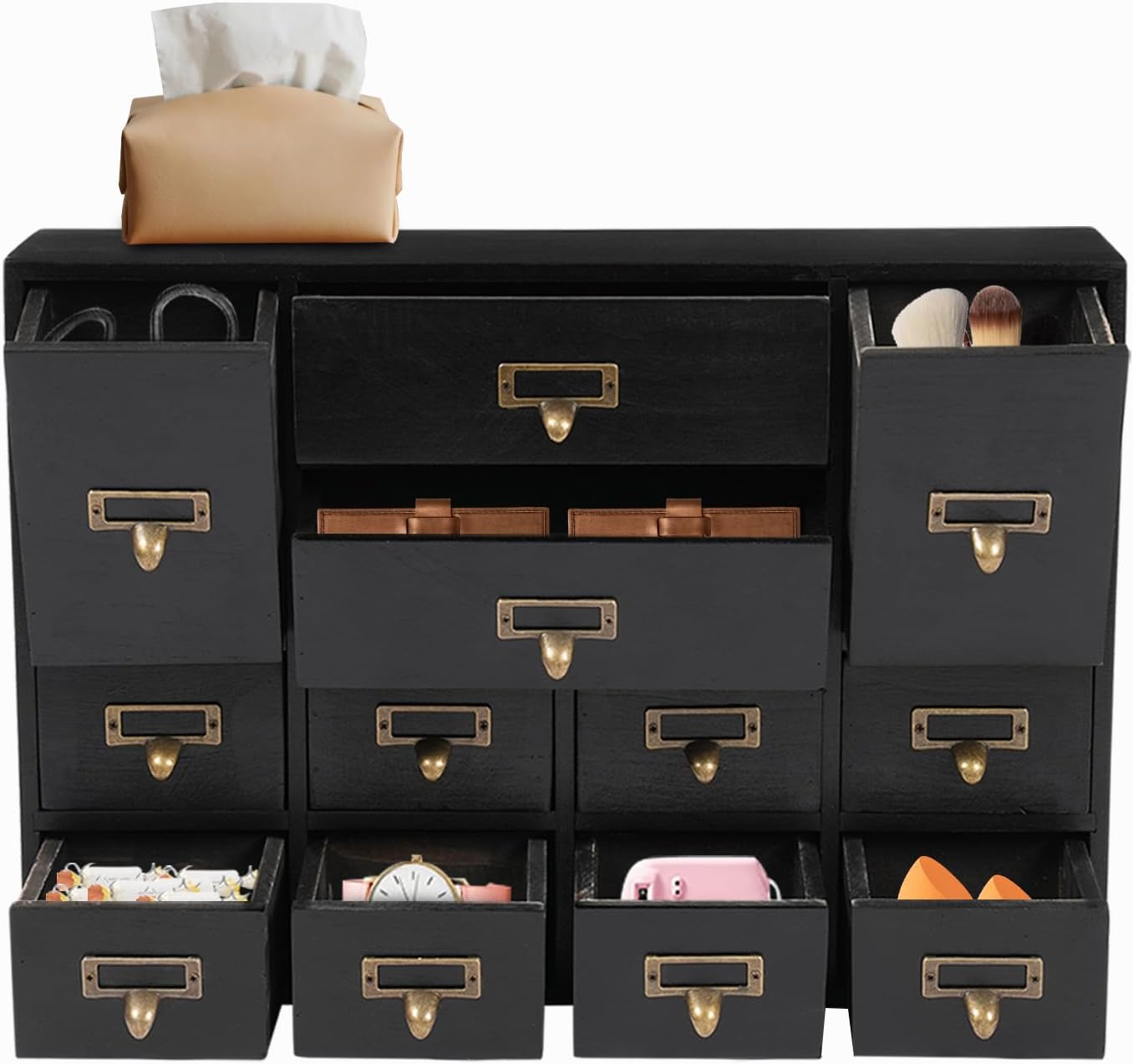12 Drawers Apothecary Cabinet Library Card Catalog Cabinet Card Catalog Drawer with Metal Handles & Label Slot Wooden Desk Drawer Organizer for Herb Storage, Tea Collection (Black)