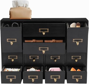 12 Drawer Apothecary Cabinet Library Card Catalog Cabinet Wooden Desk Organizer with Metal Handles & Label Slot, Apothecary Drawers for Herb Storage, Tea Collection Black