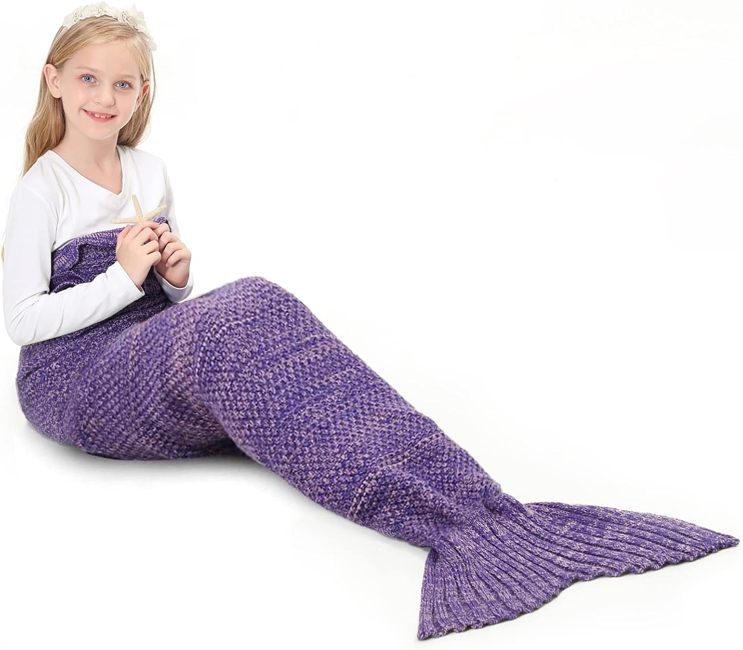 LYLIN Mermaid Tail Blanket, TEKI Wearable Crochet Sleep Blanket for Kids Girls, Lace Pattern Full-Body Fishtail Blankets All Seasons Napping Coverlet (Purple)