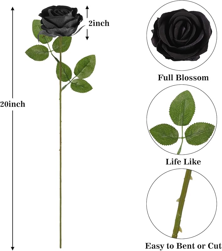 N&T NIETING Selyem Műrózsa Csomag - 10 db Élethű Fekete Virág Hosszú Szárral (51 cm) - Esküvői Dekoráció, Otthoni Dísz, Ajándék