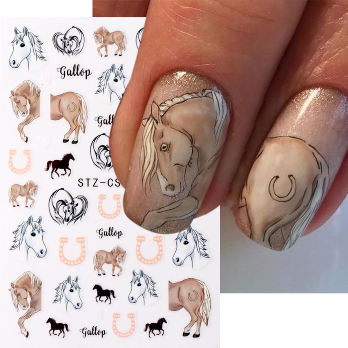 Horse Nail Art Stickers Decals Year of The Horse Nail Decals 6PCS 3D Self-Adhesive Animal Rose Cartoon Chinese Zodiac Design Manicure Sticker Nail Art Supplies for Women DIY Manicure Nail Decorations