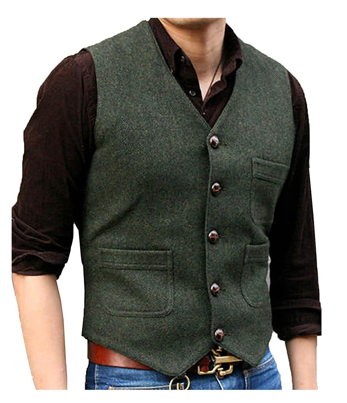 Solovedress Formal Vintage Waistcoat Tweed Wool Blend Suit Vest with Real Pockets for Wedding Groomsmen(Army Green,M)