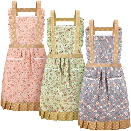 Xtinmee 3 Pcs Cotton Aprons For Women With Pockets Adjustable Long Ties Lovely Aprons Lace Floral Apron Gardening Work For Kitchen Cooking Home Baking Gardening Work #TOP24