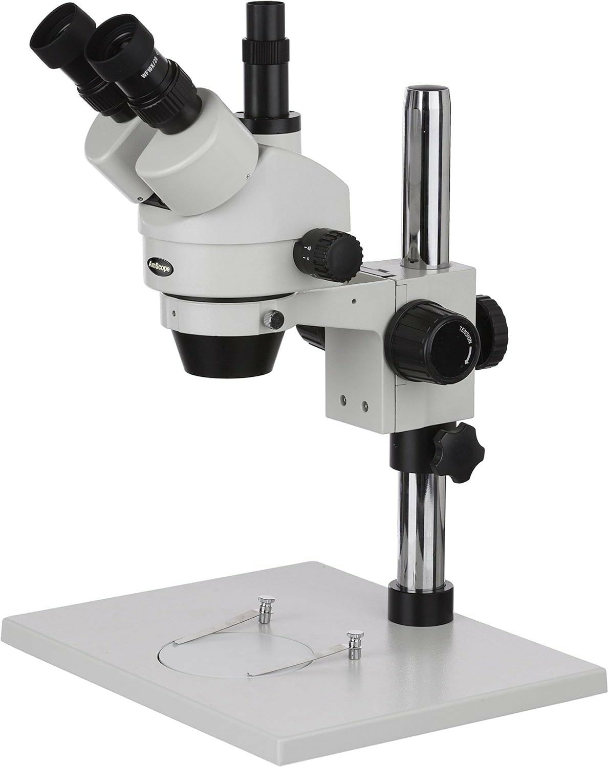 AmScope SM-1TZ Professional Trinocular Stereo Zoom Microscope, WH10x Eyepieces, 3.5X-90X Magnification, 0.7X-4.5X Zoom Objective, Ambient Lighting, Large Pillar-Style Table Stand, Includes 0.5X and 2.0X Barlow Lenses