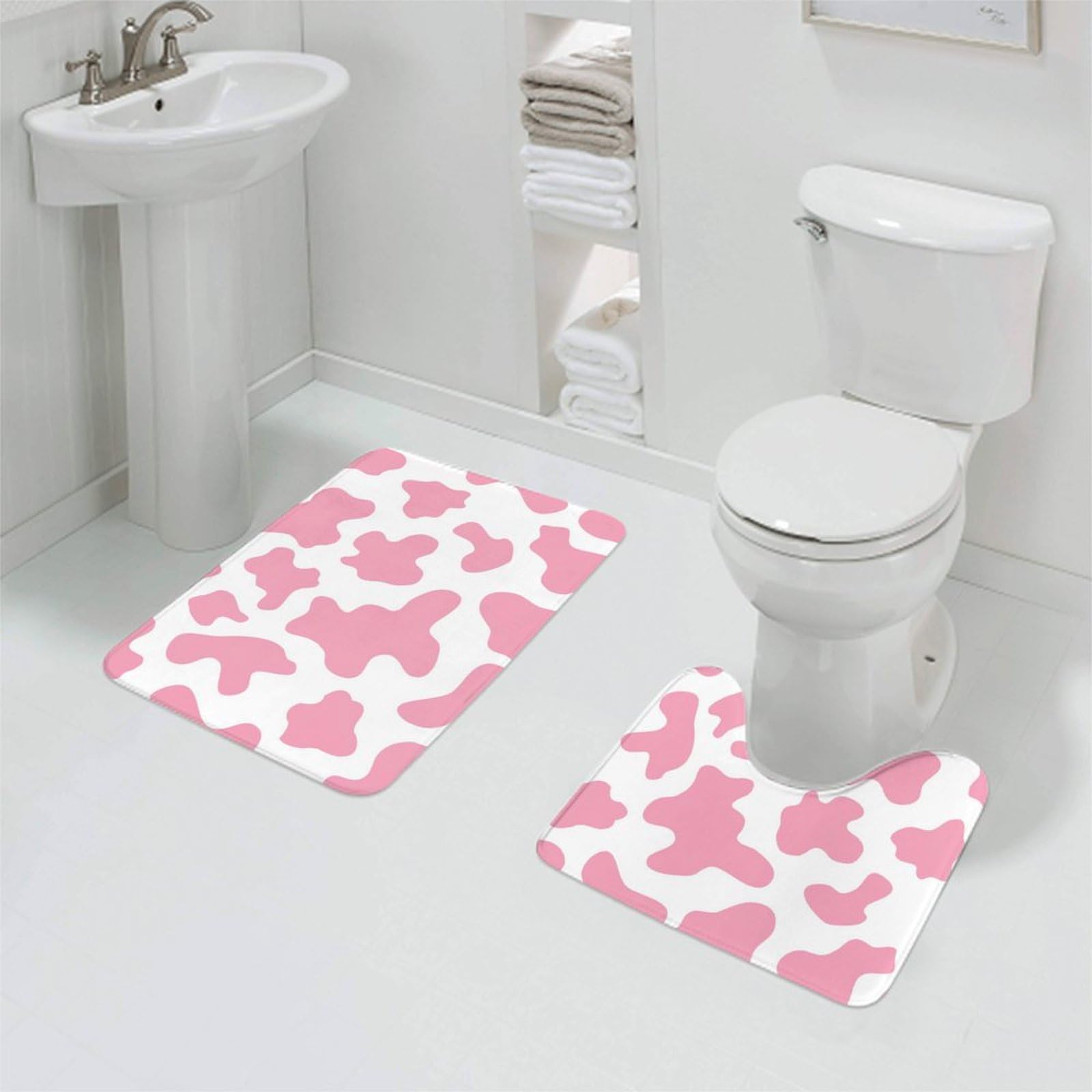 PUYWTIY Soft Bath Rug Set 2 Piece Set, Cute Cow Print Pink Bathroom Mat and U-Shaped Toilet Rug, Super Absorbent Shower Floor Mat with Non Slip Backing