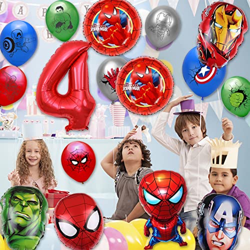 16Pcs Superhero Birthday Party Balloons Spider Foil Balloons，Children's Superhero Theme 4Th Birthday Party Decorations (4 Years Old) #TOP5
