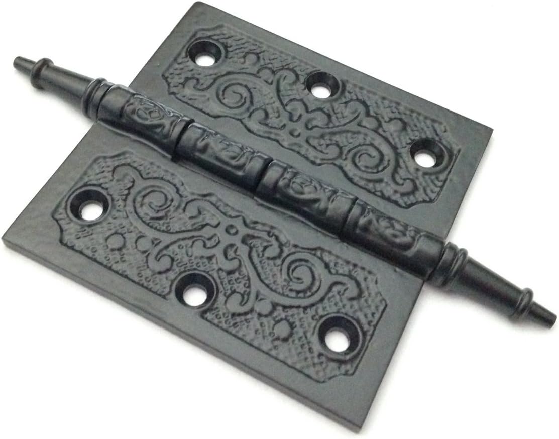 Victorian Style 4"x4" Cast Iron Black Hinge with Decorative Vine Pattern & Steeple Tip Finial